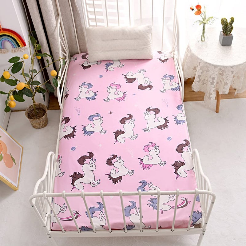 NATURETY Bedding Fitted Sheet with Deep Pocket Animals Printed Thicken Soft Fabric Bed Sheets (Pink(Unicorn)  Twin) - Image 1